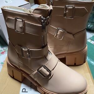 Tinstree Beige Combat Boots with Buckle Detail